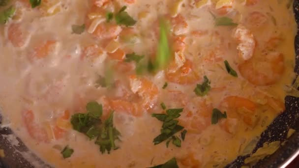 Cooking shrimp in garlic-cream sauce closeup — Stock Video