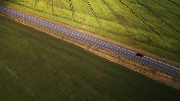 Вид сверху на автомобили, движущиеся по сельской дороге между двумя полями — стоковое видео