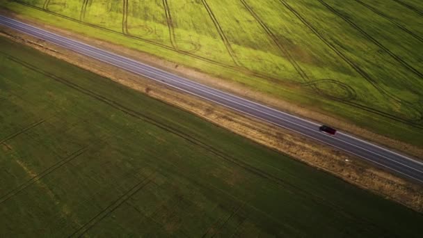 Vista dall'alto di una macchina che guida lungo una strada rurale tra due campi — Video Stock