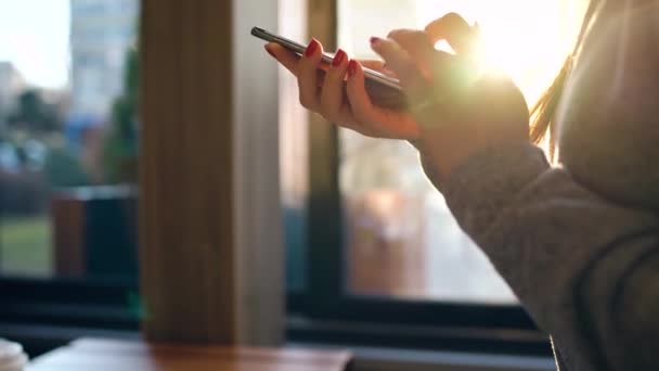 Kobiecych rąk za pomocą smartfonu przed niewyraźne gród w słońce — Wideo stockowe