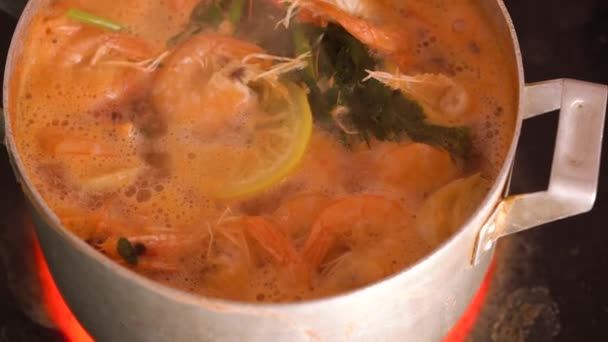 Garnalen worden gekookt in een pan met citroen en specerijen — Stockvideo