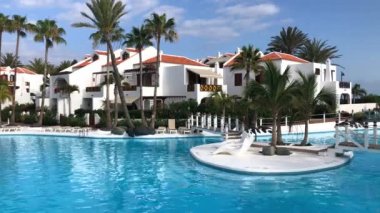Plaj tatili tatil tatil için palmiye ağaçları ile tropikal otel beldesinde yüzme havuzu, lüks hedef. Tenerife, Kanarya Adaları, İspanya
