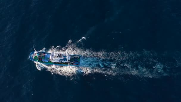 Vue de dessus d'un bateau de pêche naviguant dans l'océan Atlantique — Video