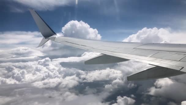 Ala de avião nas nuvens. Vista da janela do avião — Vídeo de Stock