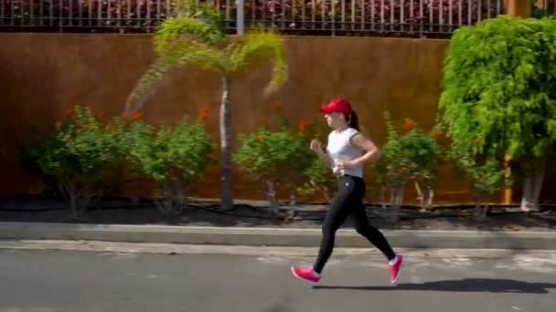 Vrouw loopt langs de straat onder de palmbomen. Gezonde actieve levensstijl — Stockvideo