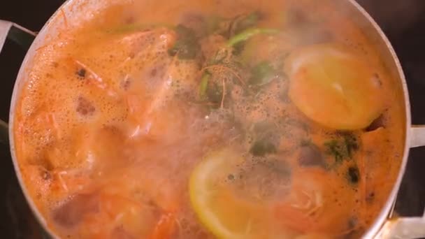 Shrimps are cooked in a saucepan with lemon and spices — Stock Video