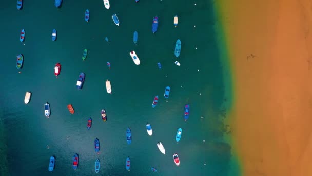 Vista aérea de la arena dorada de la playa Las Teresitas y coloridos barcos, Tenerife, Canarias, España — Vídeo de stock