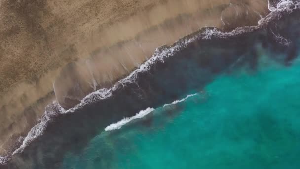 Κάτοψη της παραλίας της ερήμου στον Ατλαντικό Ωκεανό. Ακτή του νησιού Τενερίφη. Αεροπλάνο drone με θαλάσσια κύματα να φτάνουν στην ακτή — Αρχείο Βίντεο