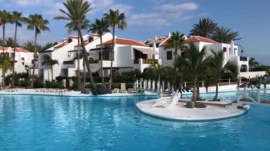 Plaj tatili tatil tatil için palmiye ağaçları ile tropikal otel beldesinde yüzme havuzu, lüks hedef. Tenerife, Kanarya Adaları, İspanya. Yavaş çekim