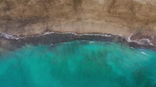 ท็อปวิวของหาดทรายบนมหาสมุทรแอตแลนติก ชายฝั่งของเกาะเตเนรีเฟ ภาพโดรนทางอากาศของคลื่นทะเลถึงชายฝั่ง — วีดีโอสต็อก