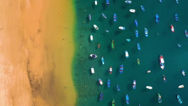 Vista aérea de la arena dorada de la playa Las Teresitas y coloridos barcos amarrados junto a una orilla, Tenerife, Canarias, España — Vídeo de stock