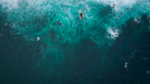 Top view of the ocean surface near the rocky coast off the island of Tenenife, Canary Islands, Spain. Aerial drone footage of sea waves reaching shore — Stock Video
