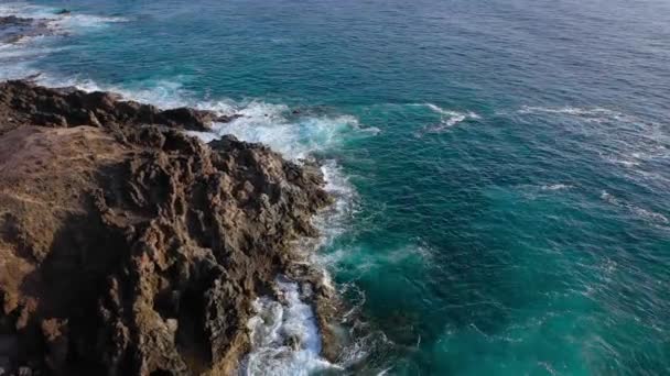 View from the height of a deserted coast. Rocky shore of the island of Tenerife. Aerial drone footage of sea waves reaching shore — Stock Video