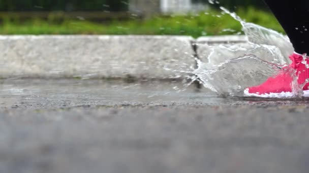 Jambes d'un coureur en baskets. Femme sportive faisant du jogging à l'extérieur, se jetant dans la flaque boueuse. Un seul coureur court sous la pluie, faisant des éclaboussures. Mouvement lent — Video