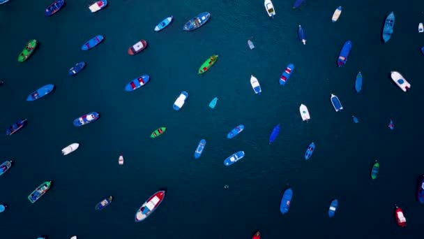 Повітряний гіперпроміжок з прив'язаних човнів біля берега. Лас-Тересітас, Тенеріфе, Канарські острови, Іспанія — стокове відео