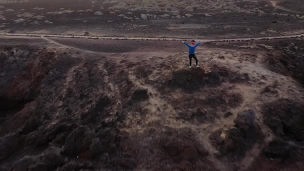 Volar sobre una mujer en ropa deportiva se encuentra en la parte superior de una roca con los brazos extendidos a los lados y disfruta del paisaje en un área de conservación a orillas del Océano Atlántico. Tenerife, Islas Canarias — Vídeo de stock