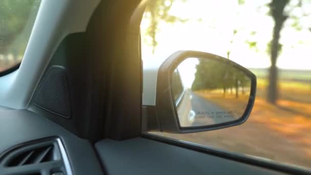 View from the rearview mirror as car drives through the road surrounded by trees at sunset — Stock Video