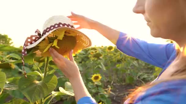 Vrouw in een blauwe jurk zet op een stro hoed op een zonnebloem in het veld bij zonsondergang. Landbouw — Stockvideo