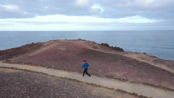 Flygbild av kvinnan runnning längs naturreservatet. Hälsosam aktiv livsstil — Stockvideo