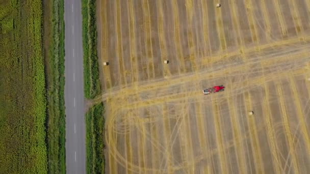 Flybilde av høyhalset bearbeidet til runde baller. Den røde traktoren jobber på jordet. På siden av banen ligger veien som biler kjører. – stockvideo