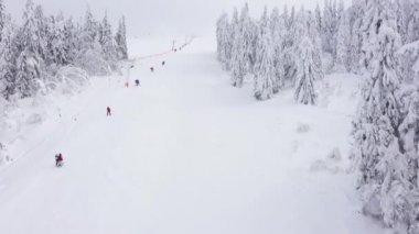 Kayak pistinin hava manzarası, kayakçıları ve snowboardcuları dağın zirvesine çıkarır. Kenarları boyunca muhteşem karlı kozalaklı ağaçlar var.