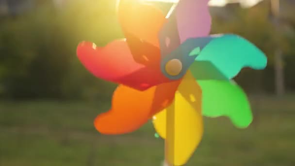 Пластиковая радужная мельница вращается против заходящего солнца — стоковое видео