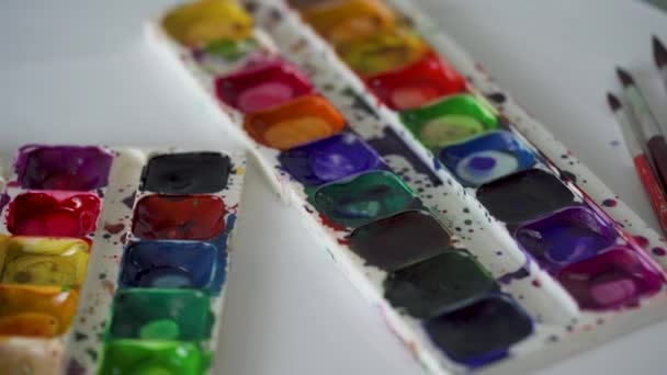 Brush takes different colors of watercolor paints from a palette and mixes them — Stock Video