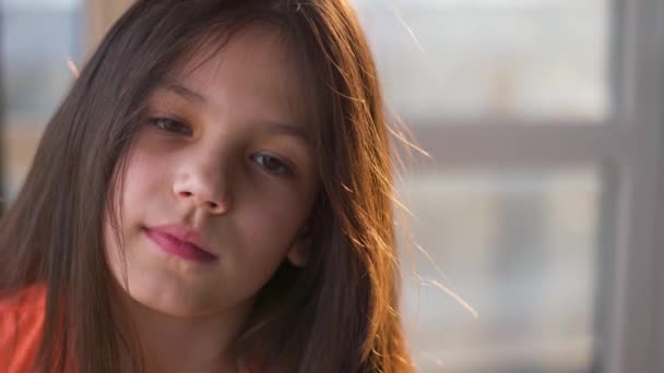 Portrait of a brunette girl against the setting sun — Stock Video