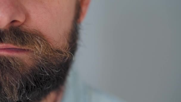 Un hombre guapo se retuerce el bigote de cerca. Media cara en el marco con espacio de copia — Vídeos de Stock