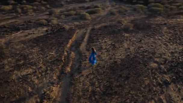 Vista aérea de la mujer en un vestido azul está girando solo en el medio del desierto. Prácticas de meditación y respiración. Unidad con la naturaleza. Tenerife, Islas Canarias, España — Vídeos de Stock