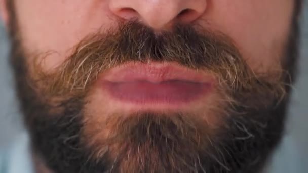 Крупним планом бородатий чоловік рот жує жувальну гумку. Чоловік вибухає бульбашку жувальної гумки — стокове відео