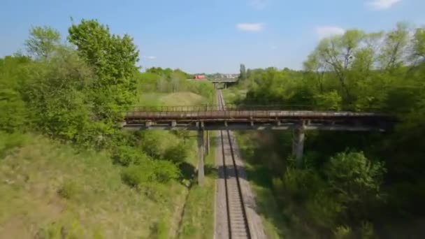 Dron FPV lata szybko i zwrotnie wzdłuż drogi, na której jedzie czerwony samochód ciężarowy — Wideo stockowe