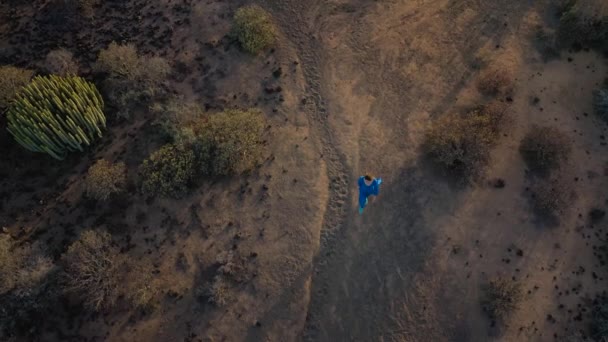 Letecký pohled na ženu v krásných modrých šatech kráčející přírodní rezervací při západu slunce. Meditační a dýchací postupy. Tenerife, Kanárské ostrovy, Španělsko — Stock video