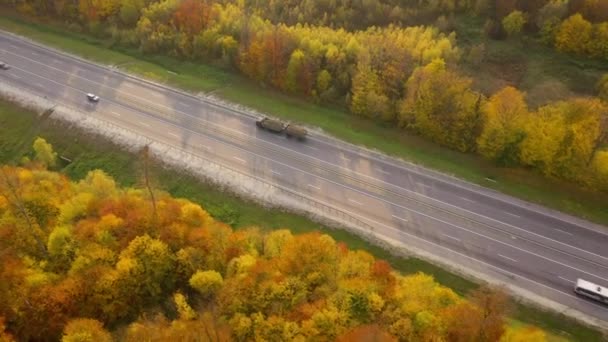 Vue de la hauteur sur la circulation sur une autoroute entourée d'une forêt d'automne lumineuse — Video