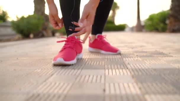 Primer plano de la mujer atando cordones de zapatos, inserta auriculares en las orejas y continúa corriendo a lo largo de la avenida de la palma al atardecer — Vídeos de Stock