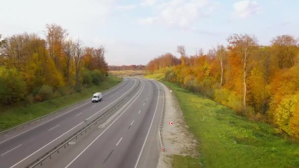 Vliegen langs een weg omgeven door herfstbos aan de zijkanten — Stockvideo