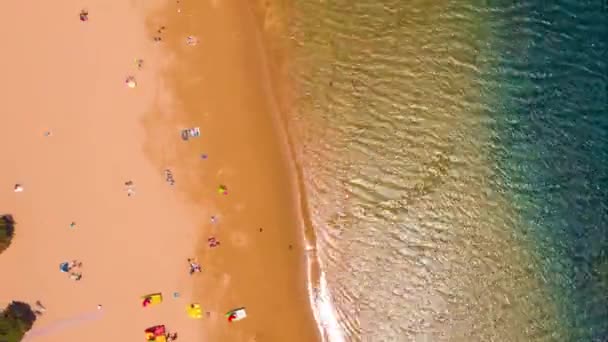 Vista da altura da areia dourada, palmeiras, espreguiçadeiras, pessoas irreconhecíveis na praia Las Teresitas, carros no estacionamento. Tenerife, Canárias, Espanha. Hiperlapso — Vídeo de Stock