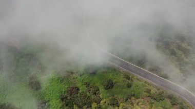 Yeşil bitki örtüsüyle çevrili bir dağ yolunda bulutlar arasında uçuyor.