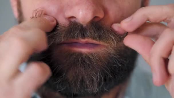 Parte del viso di un uomo barbuto che si arriccia i baffi e lo muove in modo divertente — Video Stock