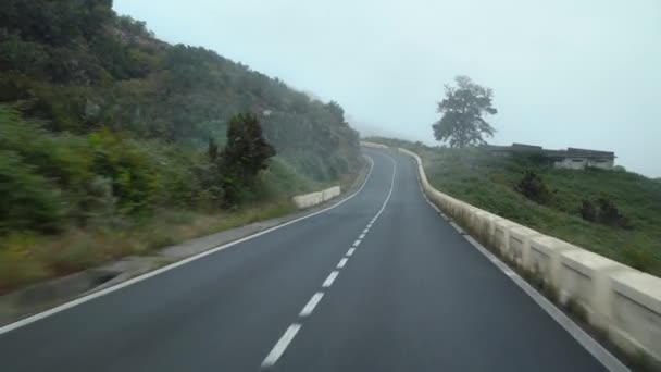 Widok na pierwszą osobę jadącą górską drogą na poziomie chmur, stoki pokryte zieloną roślinnością i wysoką wilgotnością. Wyspy Kanaryjskie, Hiszpania. — Wideo stockowe