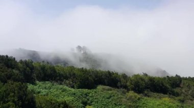 Yeşil bitki örtüsüyle çevrili bir dağ manzarası ve yol üzerinde bulutlar arasında uçuyor.
