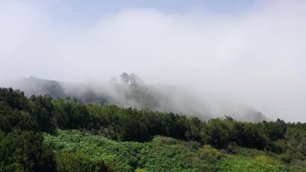 Vliegen door de wolken over een berglandschap en weg omgeven door groene vegetatie — Stockvideo