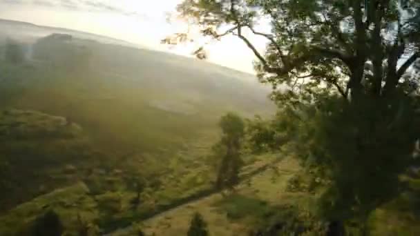 Bunte Heißluftballons fliegen im Morgennebel über die mittelalterliche Burg und den See. Manövrierbarer Flug. Reisen, Abenteuer, Festival. — Stockvideo