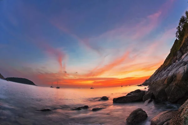 Tropisch Strand Bij Mooie Zonsondergang Fish Eye Lense Natuur Achtergrond — Stockfoto