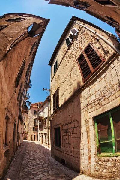 Fish Eye Lens Look Old City Sky Background Kotor Montenegro — Stock Photo, Image