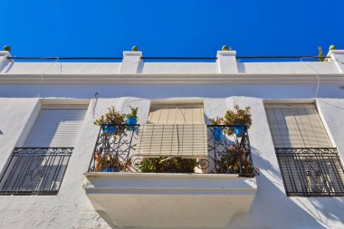 Balconys Mijas şehir tencere çiçeklerle süslenmiş. Andalusia. İspanya