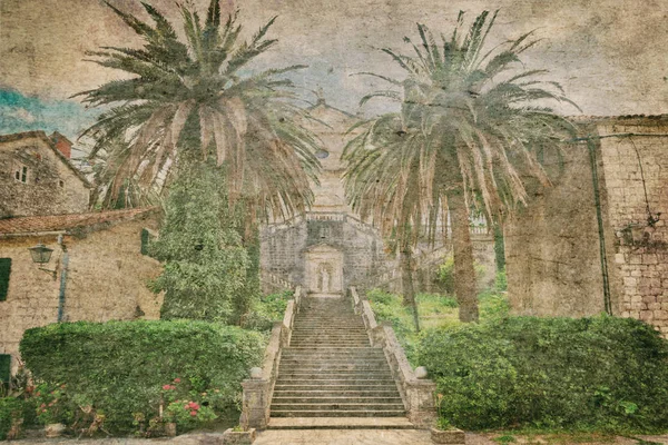 Escada Para Igreja Nossa Senhora Prcanj Montenegro Baía Kotor Mar — Fotografia de Stock