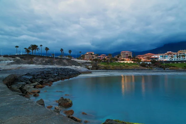 Beautiful Night Scene Costa Adeje Colorful Lights Reflected Sea Tenerife — Stock Photo, Image