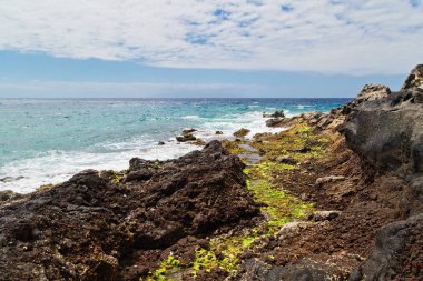 Mavi gökyüzünün altındaki taşlı sahil. Tenerife adası. İspanya