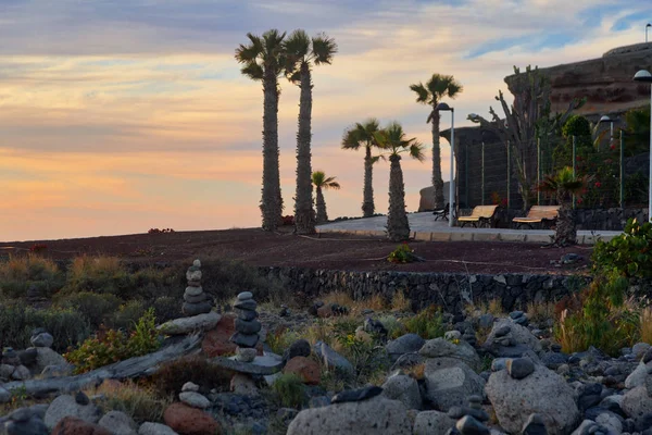 Stenstensbeläggning Med Palmer Längs Havet Vid Solnedgången Teneriffa Kanarieöarna Spanien — Stockfoto